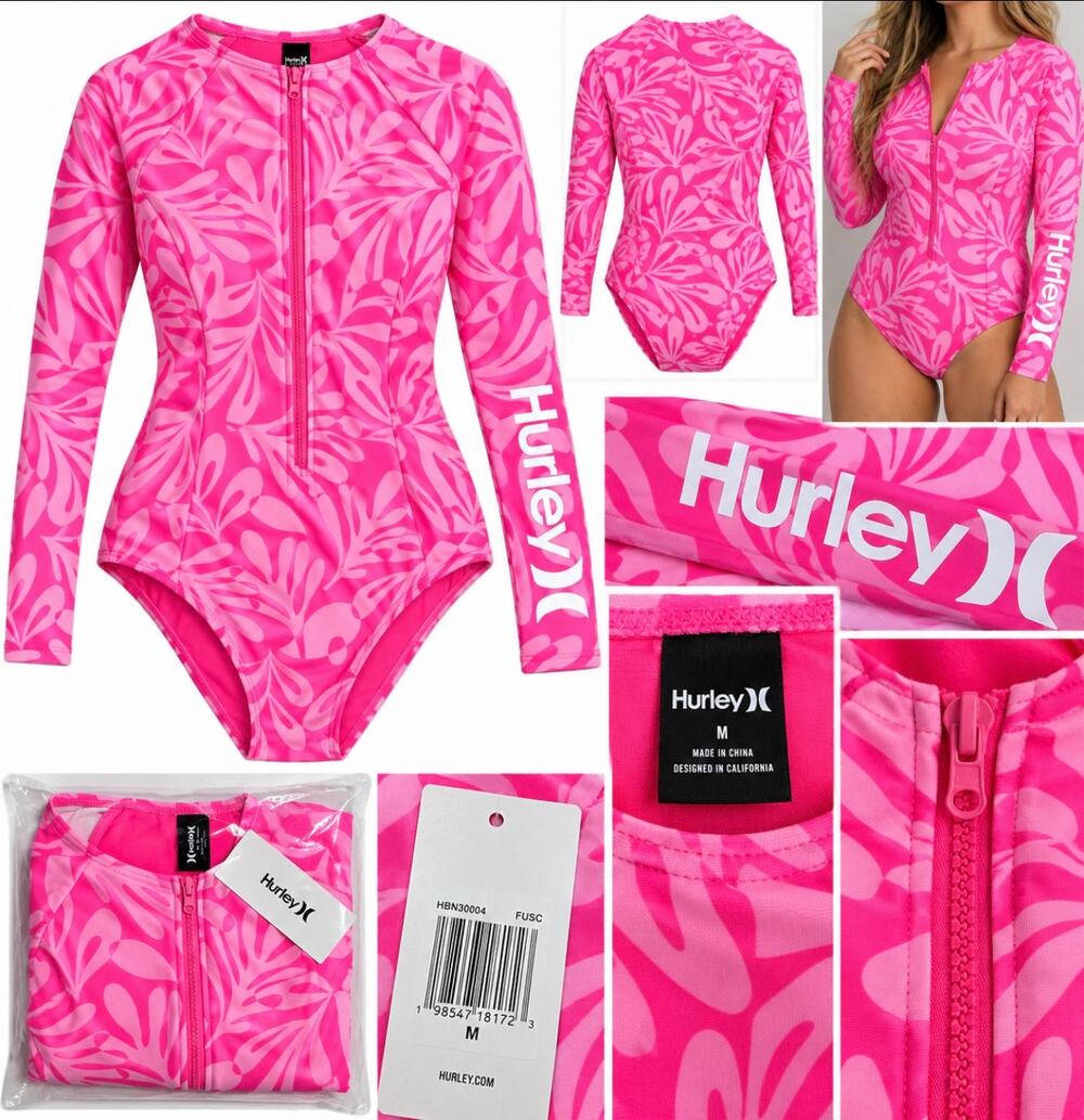 Hurley HBN30004 Pink Floral Long Sleeve One Piece Swimsuit Rashguard M NWT
